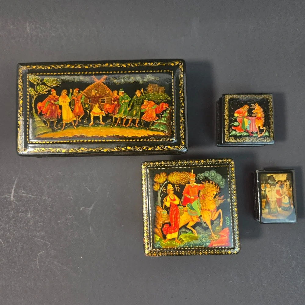 Vintage Russian Lacquer Box Lot of 4 Signed Palekh Zubov & Kholuy Art Collection